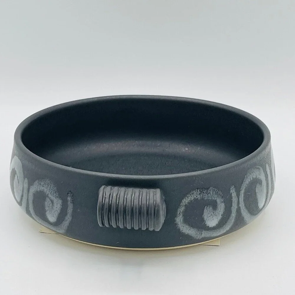 Black and white swirl glazed handmade baking dish by Jan's Pottery gouda recipe